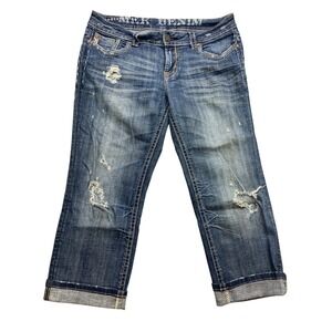 MEK Denim Capri Jeans Womens 33x23 Blue Medium Wash Distressed Cuffed Embroidery